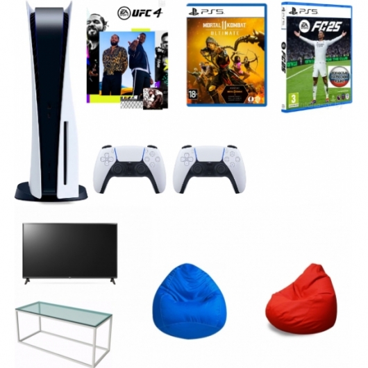 Комплект Playstation 5   2 джойстика, 3 игры (UFC, Mortal Kombat, FIFA)  ТВ,   журнальный столик,   2 пуфа в аренду